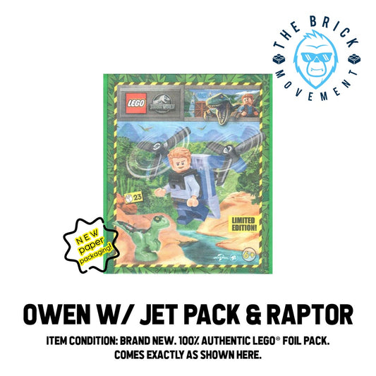 LEGO JURASSIC WORLD Owen with Jet Pack and Raptor Foil Pack