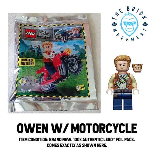 LEGO JURASSIC WORLD Owen w/ Motorcycle Foil Pack